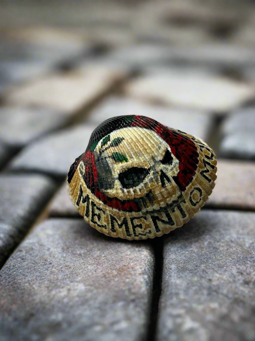 Hand Painted Seashell, Memento Mori Themed Seashell, Skull and Roses Macabre Seashell