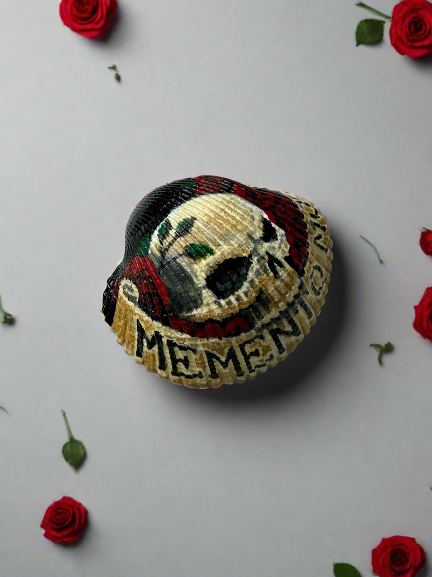 Hand Painted Seashell, Memento Mori Themed Seashell, Skull and Roses Macabre Seashell